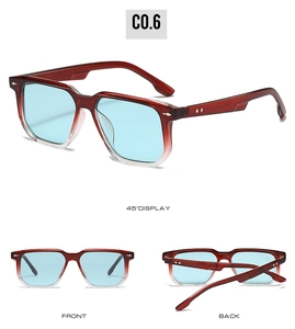 Three-way view of square gradient brown sunglasses with blue lenses and star rivet detail