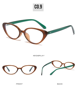 Detailed views of small cat eye sunglasses with brown frames and green temples