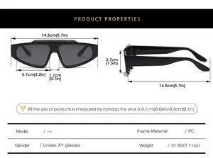 Size chart showing dimensions of irregular PC sunglasses with precise measurements