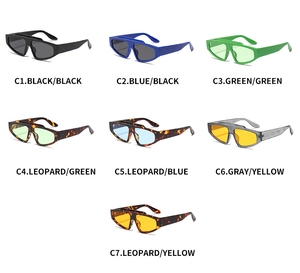 Detailed grid of oversized irregular sunglasses in seven trendy colors and patterns