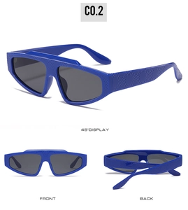 Detailed views of blue textured frames on irregular fashion sunglasses with dark grey lenses