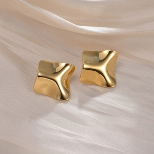 Irregular gold wave surface square stud earrings in a minimalist stainless steel design