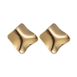 Minimalist irregular wavy square gold earrings with a polished finish on white background