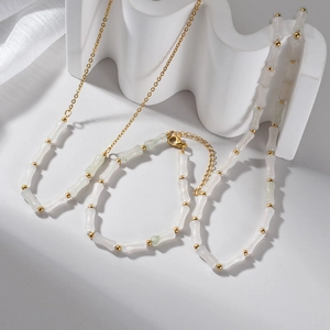 Stainless Steel Bamboo Joint Beads Necklace And Bracelet For Women Elegant Gold Plated White Resin Stone Minimalist Ins Style