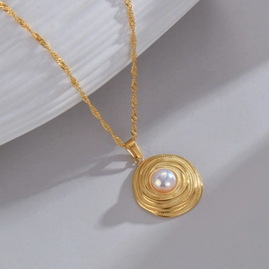 Künstliche Perle Runder Anhänger Halskette Edelstahl Vergoldet Vintage Spiralstruktur Geometrisch Elegant Schmuck Für Damen
