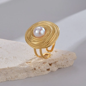 Bague Ouverte Vintage Acier Inoxydable Femmes Plaqué Or Texture Spirale Ronde Incrustation Künstliche Perle Bijoux Réglables