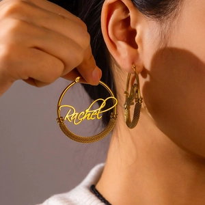 Round Circle Hoop Earrings 316L Stainless Steel Mesh Woven Texture Letter Pattern Fashion Jewelry For Women