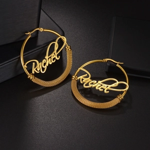 Customized golden stainless steel hoop earrings with name Rachel and mesh detail