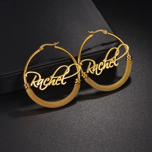 Golden personalized Rachel name hoop earrings with woven mesh detail in stainless steel