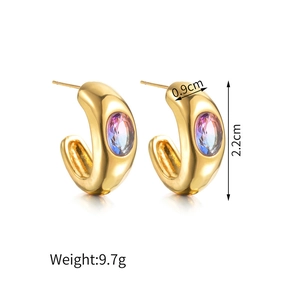 Detail view of gold C-shaped earrings with purple-blue gradient resin stone and 2.2cm height