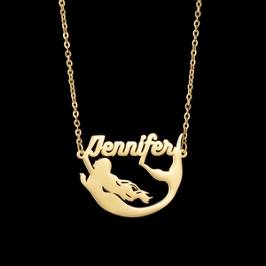 Custom gold mermaid pendant necklace with 'Jennifer' nameplate on black background