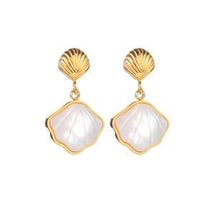 Detailed view of elegant gold seashell earrings featuring pearlescent shell inlays