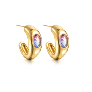 Detail of gold C-shaped hoop earrings with oval gradient gemstone on white background