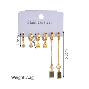 Three-piece gold stainless steel earring set with square zircon and guitar star charms