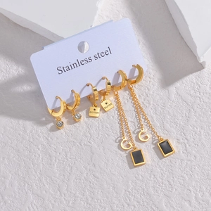 Three-piece gold stainless steel earring set with square zircon and guitar star charms