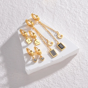 Stainless Steel Hoop Dangle Earrings Geometric Square Zirconia Enamel Pendant Punk Fashion Jewelry For Women