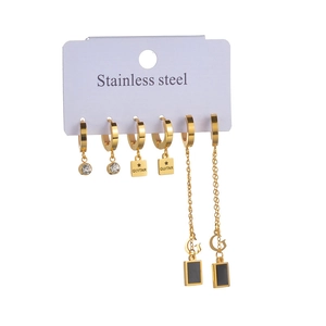 Three-piece set of gold stainless steel hoop earrings with square zircon and guitar pendants