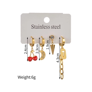 Gold stainless steel earring set with cherry, moon, cone and long chain charms