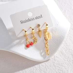 Stainless Steel Gold Plated Earrings Enamel Cherry Rhinestone Moon Lucky Number Motif Cone Dangle Hoop Stud For Women