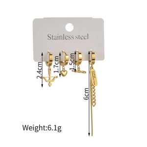 Golden stainless steel cupid heart earring set with asymmetrical chain and bow design