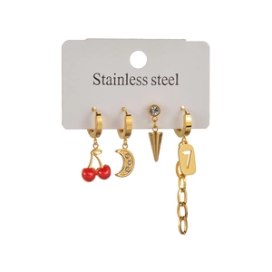 Golden stainless steel earring set featuring cherry charms, moon studs and chain dangles