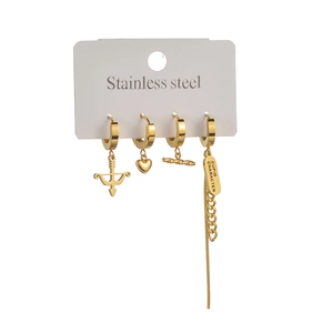 Gold stainless steel hoop earring set with Cupid arrows and heart pendants