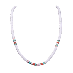 Handmade white polymer clay beaded necklace with colorful spacers and gold accents
