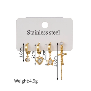 Set of four gold stainless steel earrings with heart, star, and zircon cross pendants