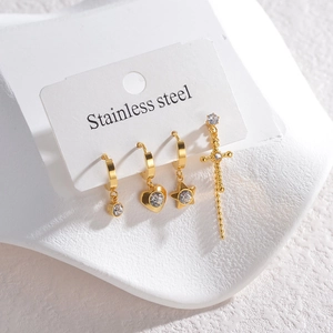 4-piece set of gold stainless steel earrings with zircon heart, star and cross charms