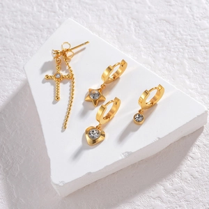 Minimalist Stainless Steel Zirconia Cross Star Heart Dangle Hoop Earrings Combination Gold Plated Women Fashion Jewelry