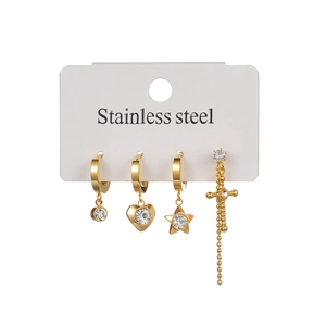4-piece set of gold stainless steel earrings with cross pendant and zircon details