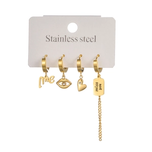 Set of 4 gold stainless steel heart and letter earrings including me and miss you charms