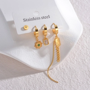 Gold Plated Stainless Steel Earrings For Women Star Sunflower Zircon Long Tassel Chain Earring Post Geometric Jewelry
