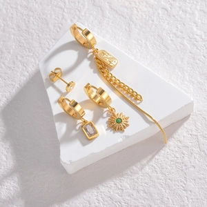 Four-piece gold stainless steel earring set with square zircon and star pendants