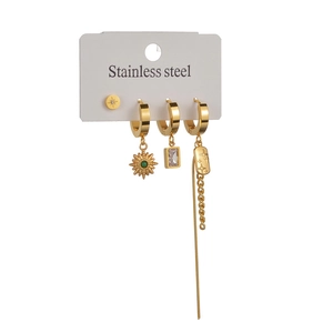 Gold stainless steel earring set with square zircon, star charms, and elegant chain fringe