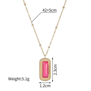 Gold chain necklace with pink rectangular gemstone pendant and dimensions detail