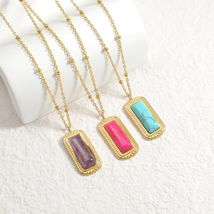 Vintage Stainless Steel Square Gemstone Pendant Necklace Gold Plated Geometric Bohemian Clavicle Chain For Women