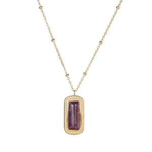 Vintage stainless steel gold necklace featuring a rectangular purple gemstone pendant