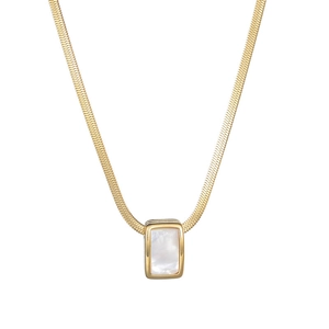 Minimalist gold square shell necklace with sleek snake chain shown from the front view