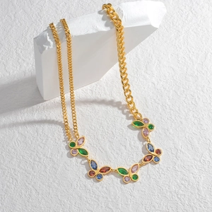 Stainless Steel Butterfly Pendant Necklace Colorful Rhinestone Gold Plated Asymmetrical Cuban Chain Jewelry Women