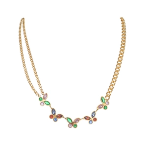 Gold stainless steel necklace with multi-colored crystal butterfly charms and mixed chains