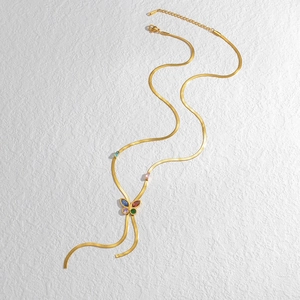 Golden snake chain necklace with a colorful gemstone butterfly pendant for women