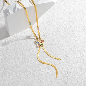 Butterfly Necklace Stainless Steel With Colorful Cubic Zirconia Snake Chain Tassel Chic Elegant For Women Luxury Style