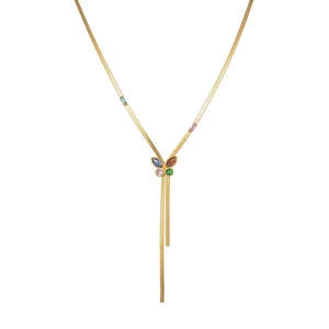 Golden snake chain necklace featuring a colorful crystal butterfly pendant in a Y-shape design