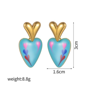 Fashion heart drop earrings with colorful gradient patterns and gold-tone studs, 3cm height