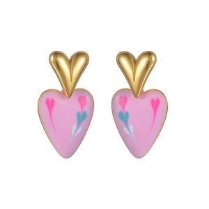 Pink heart-shaped enamel earrings with golden hardware and colorful floral patterns