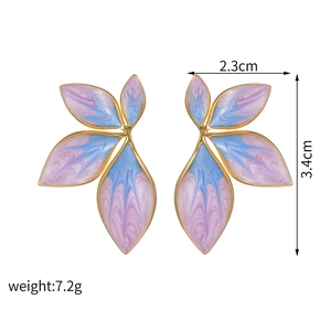 Floral aesthetic leaf stud earrings with blue purple gradient enamel and gold trim