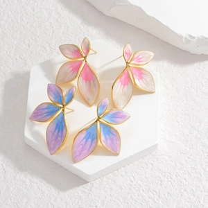 Stainless Steel Flower Leaf Stud Earrings With Gradient Enamel Petal Design Fashion Jewelry For Women