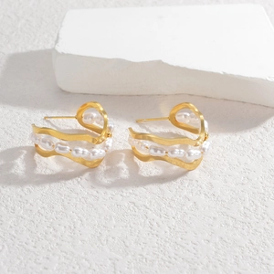 Stainless Steel Double Layer Wavy Geometric Irregular Earrings With Artificial Pearls Gold Plated Minimalist Ins Style Jewelry