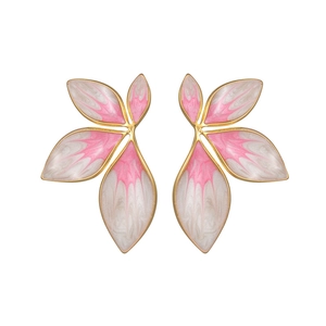 Elegant floral stainless steel earrings with pink enamel finish and gold plating